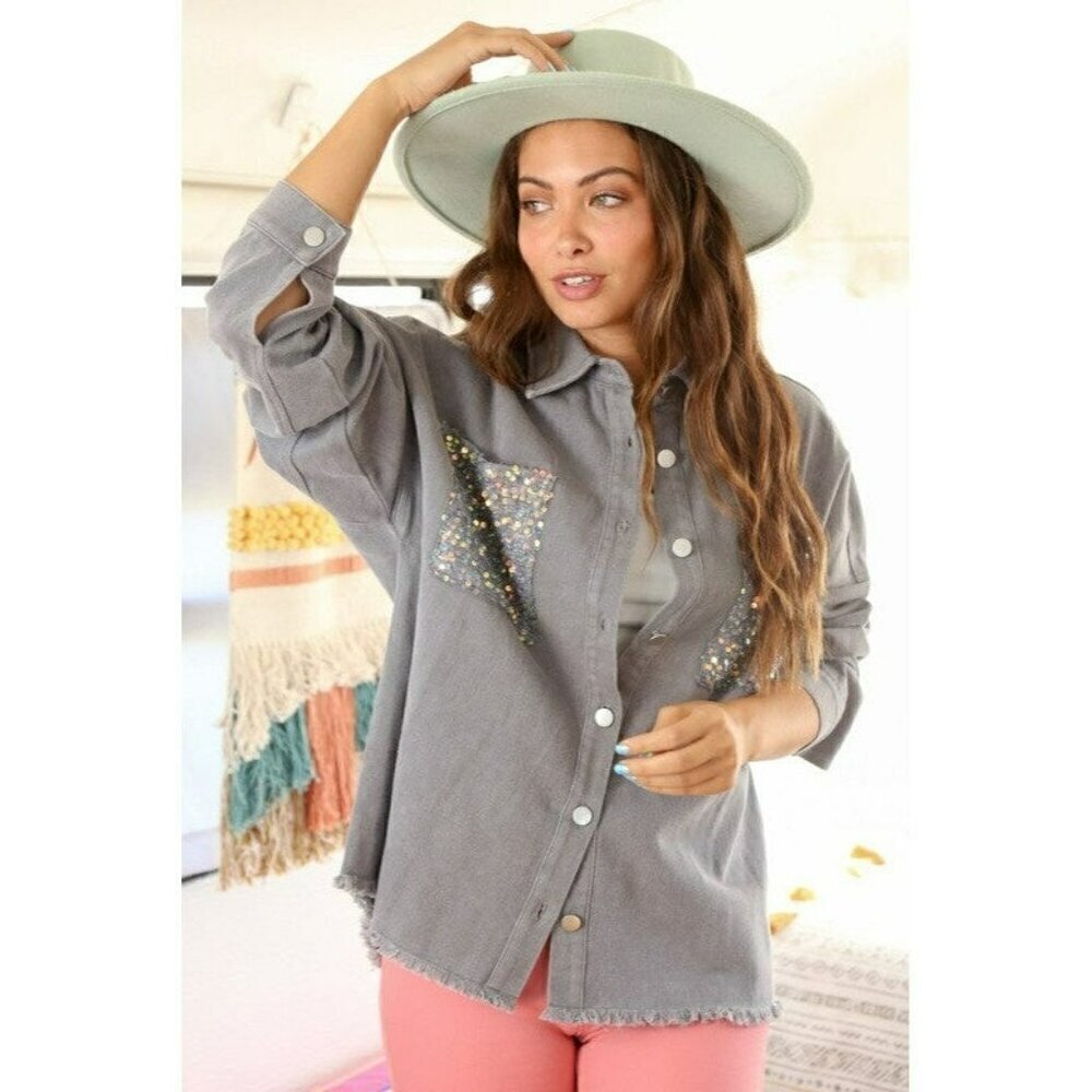 Cowgirl State of Mind Sequin Shacket in Grey - Picture 4 of 7